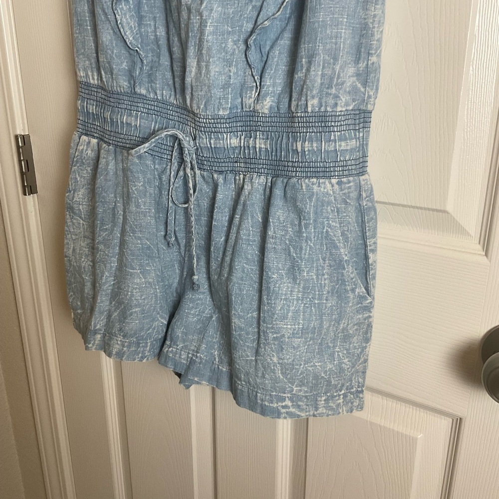 7 For All Mankind Denim Ruffle Romper Size Small Blue Acid Wash Jumpsuit - Picture 7 of 15